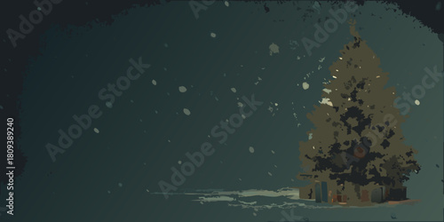 Stylized christmas tree in the snow with presents illustration