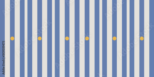 A repeating pattern of blue and white vertical stripes with evenly spaced yellow circles on the white stripes