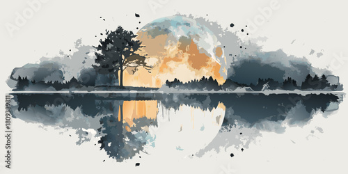 Watercolor landscape with moon tree and lake reflection