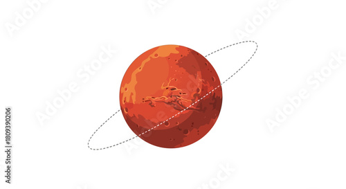 Stylized Red Planet with Craters, Ridges, and Elliptical Ring in Space Illustration