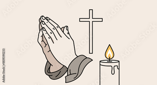 Illustration of Praying Hands with Candle and Cross Symbolizing Faith, Unity, and Spiritual Reflection