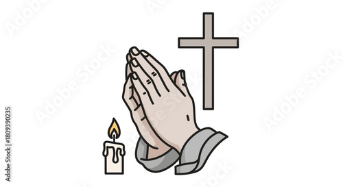 Illustration of Praying Hands with Candle and Cross Symbolizing Faith, Unity, and Spiritual Reflection