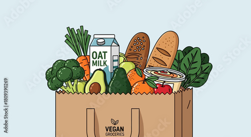 Paper Grocery Bag Labeled 'Vegan' Filled with Fresh Vegetables, Fruits, Oat Milk, Hummus, and Bread