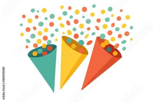 Festive Confetti Cones. Set of confetti cones, overflowing with colorful paper confetti in matching tones of teal, yellow, and red. The cones are arranged in a. Vector illustration