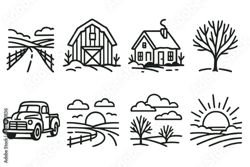 Countryside Winter Drive. Countryside Drive linear icon set. road through fields, wooden fence, snow-covered barn, cozy cottage, leafless trees, old truck, cloudy horizon, sunset