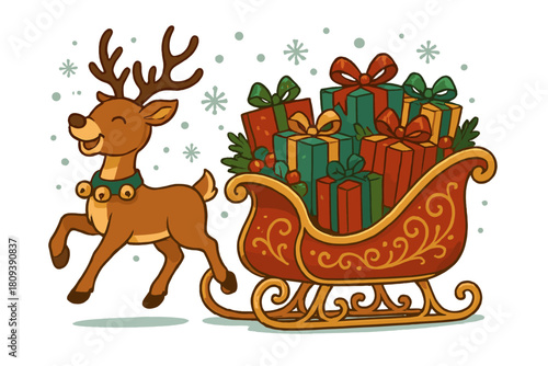 Festive Reindeer Sleigh. Cheerful reindeer wearing a jingle bell collar prances beside a large, colorful sleigh overflowing with wrapped presents. Snow gently falls. Vector illustration