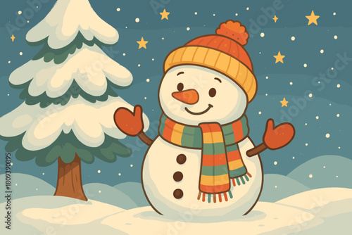 Friendly Snowman Scene. Friendly snowman stands beside a snow-laden tree, wearing a colorful scarf and hat. Its coal eyes and carrot nose give it a jovial expression. Vector illustration