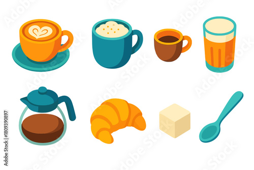 Winter Café Icons. Winter Café Favorites flat icons set. latte art cup, cappuccino mug, espresso shot, chai tea glass, coffee pot, croissant, sugar cube, spoon stir