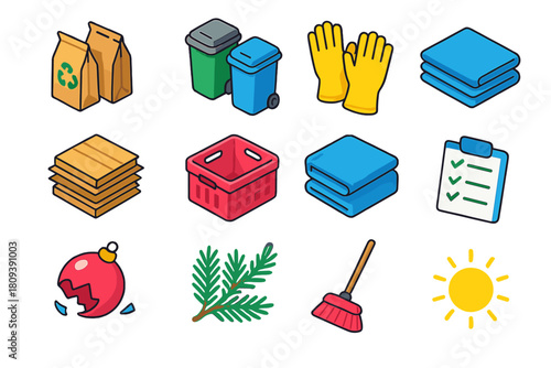 Winter Cleanup Icons. Winter Cleanup Day flat icons set. paper bags, bins, gloves, cardboard stack, plastic crate, folded wrap, broken ornament, pine branches, checklist, recycle