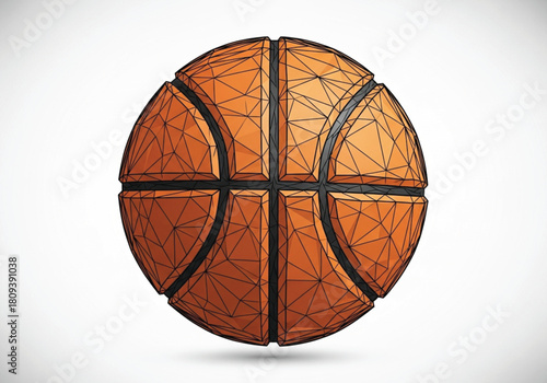 A modern basketball illustration with a geometric low-poly wireframe design isolated on a white background.