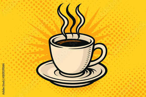 Pop Art Coffee. Pop art style coffee cup steams invitingly on a saucer. The backdrop is a patterned yellow with halftone accents, enhancing the retro vibe. The cup's. Vector illustration