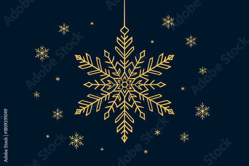 Ornate Snowflake Design. Ornate snowflake hanging as a distinct focal point on a midnight blue backdrop. Its geometric patterns are highlighted by subtle gold. Vector illustration