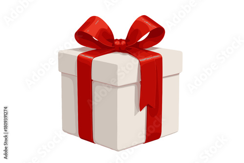 Red Ribbon Gift. White gift box adorned with a vibrant red ribbon and bow. The box is elegantly wrapped, exuding a sense of anticipation and celebration. The. Vector illustration