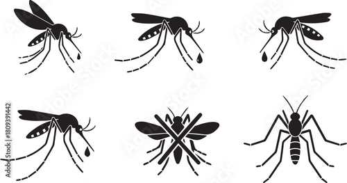 Six Mosquito Icons With Blood Drops and Crossed Out Symbol