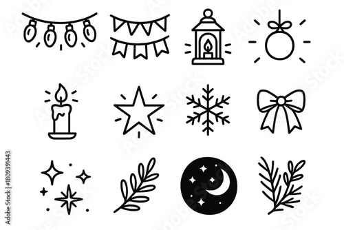 Festive Lighting Icons. Festive Lighting linear icon set. string lights, glowing bulbs, lantern, garland, candle, star, snowflake, ribbon, hanging ornament, sparkle, branch decor