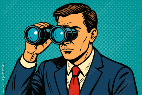 Curious Man with Binoculars. Man in a suit using binoculars, focusing intently. He stands against a dotted teal background, creating a sense of depth and intrigue.. Vector illustration