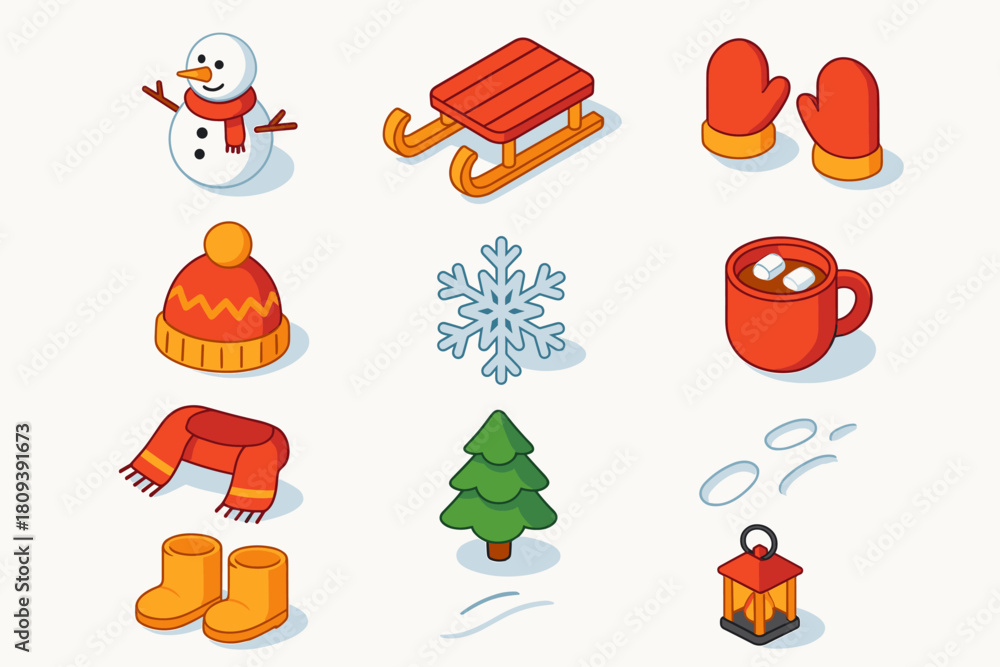 Fototapeta premium Christmas Snow Icons. Christmas Snow Fun flat icons set. snowman, sled, mittens, wool hat, snowflake, snowball, scarf, pine tree, hot cocoa, boots, lantern, snow trail
