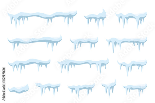 Icicle Snow Caps. A collection of various snow caps with icicles hanging, arranged in a grid pattern. Each snow cap features unique icicle formations, creating a. Vector illustration