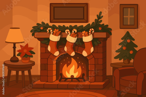 Cozy Fireplace Stockings. Cozy fireplace with stockings hung above, filled with small gifts and candy canes. The room is softly lit by the flickering firelight. The. Vector illustration