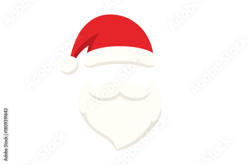 Minimalist Santa Vector. Stylized Santa Claus featuring only a red hat, fluffy white beard, and mustache. The hat droops to one side, creating a playful angle. Set. Vector illustration
