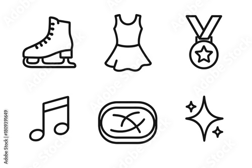 Figure Skating Icons. Figure Skating linear icon set. ice skates, dress, medal, music note, ice rink, snow sparkle