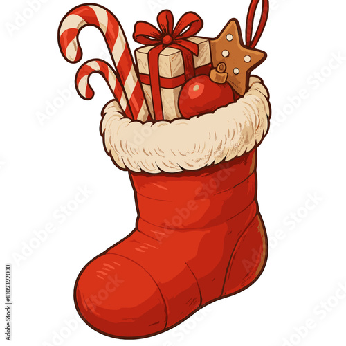 Festive Stocking Delight. Christmas stocking filled with candy canes and trinkets, hanging with a slight tilt. The bright reds and whites bring a sense of joy and. Vector illustration