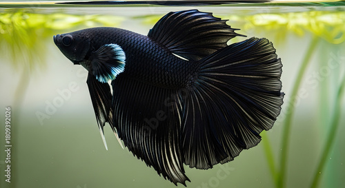 Elegant Black Orchid Betta Fish with Flowing Fins, Gracefully Swimming in a Clear Aquatic Environment Surrounded by Lush Greenery.