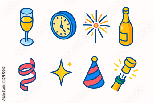 Festive Celebration Icons. New Year’s Toast flat icons set. champagne flute, countdown clock, fireworks burst, golden bottle, ribbon swirl, sparkle, party hat, cork pop