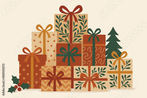 Festive Gift Pyramid. Array of beautifully wrapped gifts stacked in a pyramid, each with unique patterns and ribbons. The presents are accompanied by a small. Vector illustration