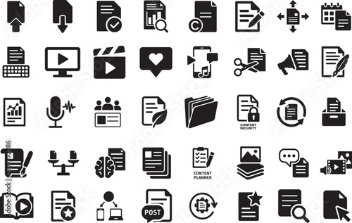Content icons set with media, tools, and symbols for digital marketing, branding, and design.