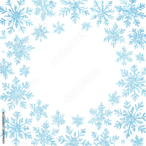Intricate Snowflake Border. Array of intricate snowflakes scattered across the top and bottom edges, creating a frosty border. The snowflakes vary in size and design. Vector illustration