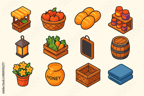 Colorful Market Stalls. Wooden Stalls flat icons set. open market stall, basket of apples, bread rolls, jar display, hanging lantern, crate of produce, chalkboard tag, wooden