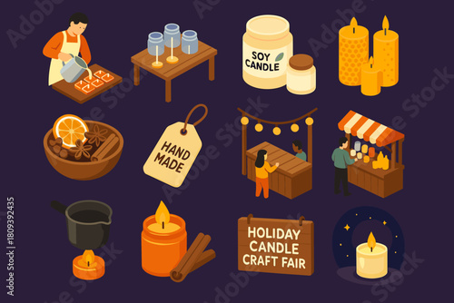 Cozy Candle Craft Icons. Holiday Candle Craft Fair flat icons set. artisan pouring wax into molds, wooden table with wicks and jars, soy candle set, beeswax pillar candles, bowl of