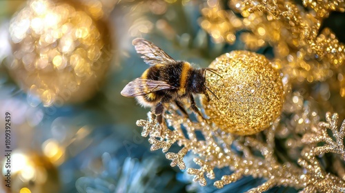 Busy bee enjoying a glittering gold ornament