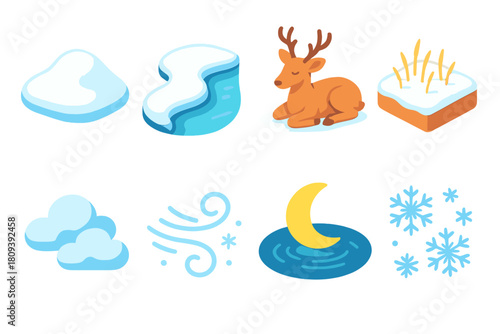 Winter Isometric Icons. Winter Stillness flat icons set. untouched snow, icy riverbank, resting deer, quiet field, soft clouds, frosty wind, moon reflection, snowflakes in air