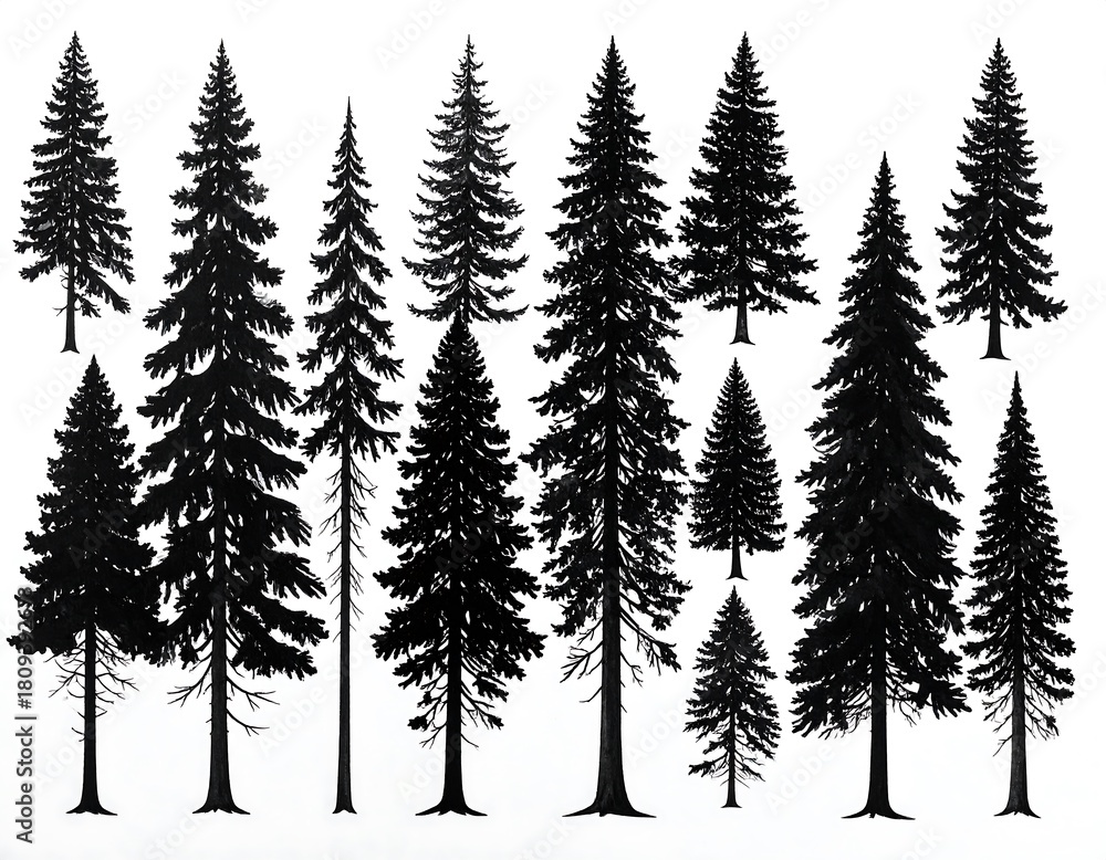 Obraz premium Black silhouette depiction of evergreen trees. Some tall, some short. Isolated against a plain white background. Trees vary in width