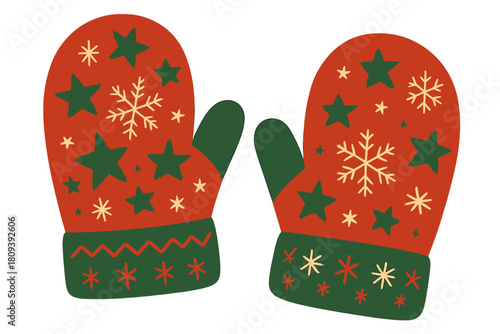 Festive Starry Snowflake Mittens. Pair of festive mittens adorned with intricate designs of stars and snowflakes in red and green. The mittens are positioned side by. Vector illustration