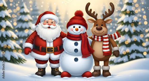 Santa Claus Snowman Reindeer Friends Christmas Illustration