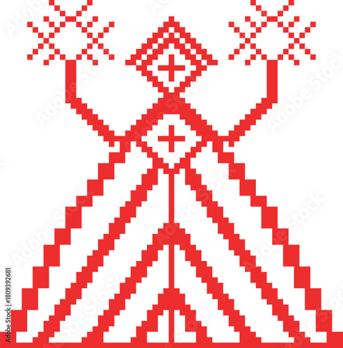 Radovnitsa with candles. Embroidered Belarusian national pattern. Red stylized folk Slavic patterns. Vector illustration.