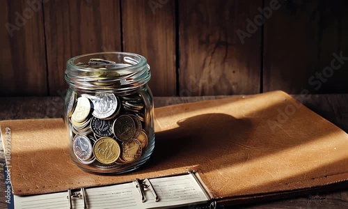 Financial savings concept with coins in glass jar on wooden table, income planning idea