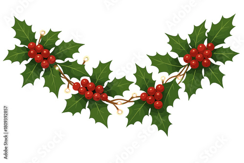 Festive Holly Garland. Festive garland made of holly leaves, berries, and twinkling fairy lights. The garland drapes elegantly, creating a warm and inviting. Vector illustration