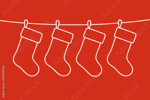 Festive Stockings Displayed. Row of Christmas stockings, outlined in white, hanging on a vivid red background. The stockings are uniform in shape and size,. Vector illustration