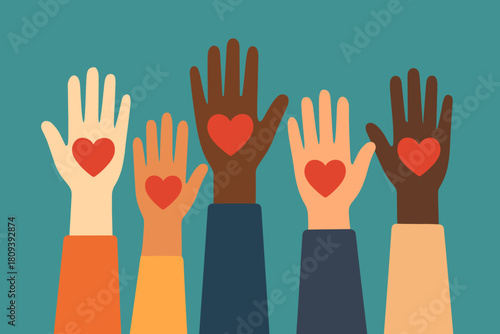 United Hearts. Group of diverse hands raised in the air, each palm displaying a red heart. The hands vary in skin tones, symbolizing unity and compassion. The. Vector illustration