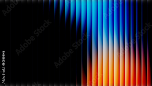 Spectrum glow stripes, blue to orange vertical reeded columns on black abstract vector background.