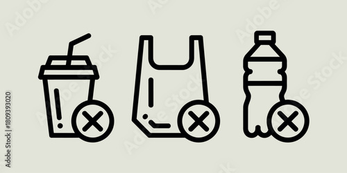 Icons representing single use plastic items with a prohibition symbol