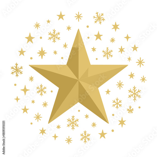 Golden Starry Elegance. Single large golden star serves as the focal point, surrounded by smaller stars and delicate snowflakes that appear to drift around it. This. Vector illustration