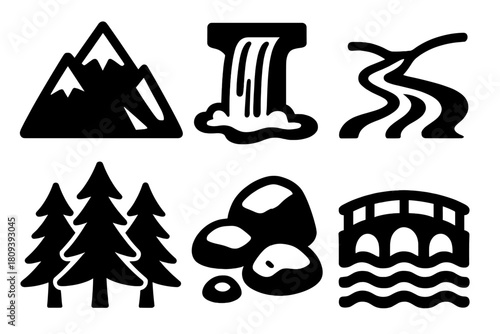 Mountain River Icons. Mountain Rivers silhouette icon set. snow peak, waterfall, clear stream, pine forest, stones, bridge crossing.