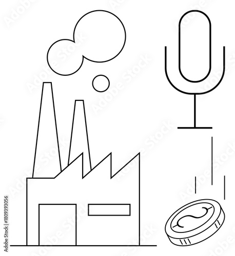 Factory with smokestacks, microphone, and coin falling, symbolizing industry, sound technology, and finance. Ideal for economy, innovation, communication technology manufacturing business