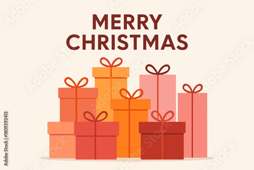 Festive Gift Box Stack. Stack of geometric gift boxes in shades of pink, orange, and red, each with a simple bow on top. The boxes are arranged in a balanced. Vector illustration