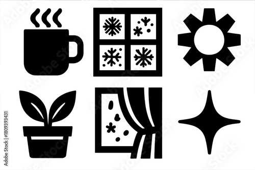 Cozy Winter Elements. Frosted Window Scene silhouette icon set. steaming cup, snow outside, light glow, sill plant, curtain fold, sparkle
